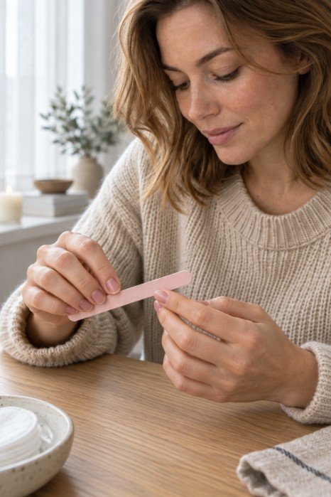 filing the tip of one bare fingernail with a pale pink nail